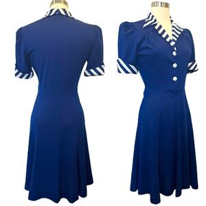Vintage Jody of California Fit & Flare 70s Blue White Stripe Sailor Dress 11